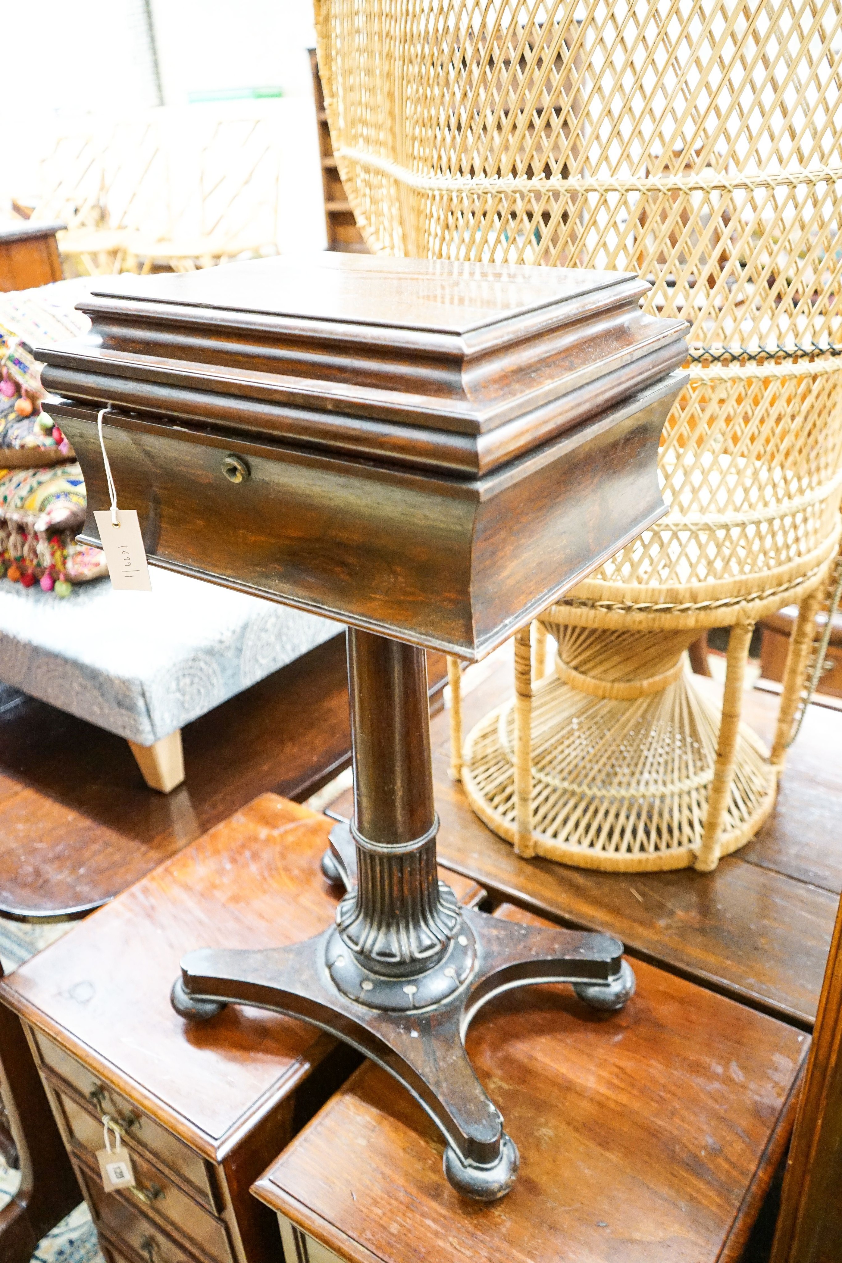 A William IV rosewood teapoy converted to a work box, width 44cm, depth 34cm, height 79cm